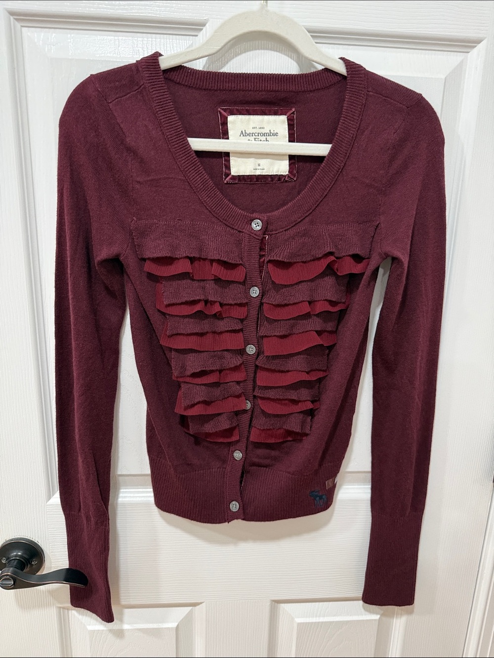 NWT Vintage Abercrombie & Fitch Wine Ruffle Front LS Cardigan Sz M